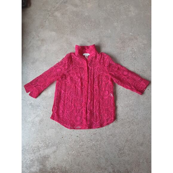 C.l.o.t.h.e.s. Blouse Red Size L Womens Long Sleeve Sheer Collared Burn Out - Picture 1 of 13